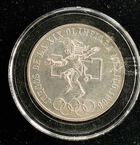 1968 MEXICO OLYMPICS 25 PESOS SILVER AU BRIGHT DETAILS COIN IN CAPSULE