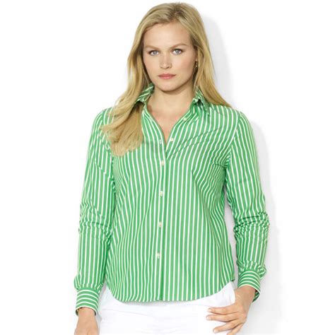 Lauren By Ralph Lauren Plus Size Striped Shirt In Green Green White