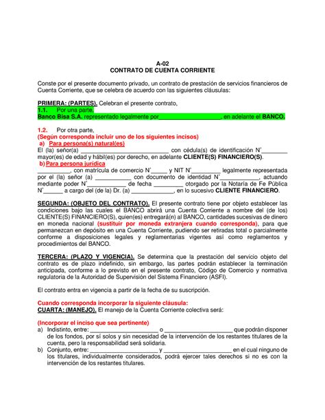 Modelo Contrato Cuenta Corriente A Contrato De Cuenta