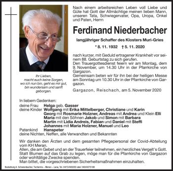 Traueranzeigen Von Ferdinand Niederbacher Trauer Bz