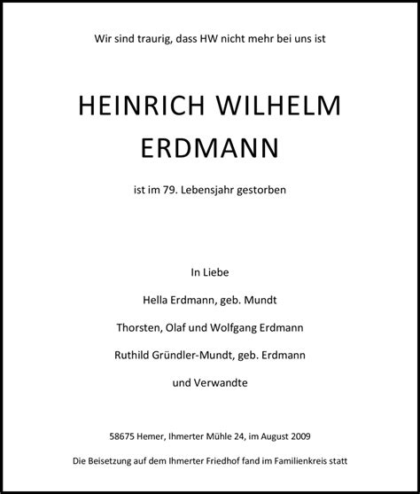 Traueranzeigen Von Heinrich Wilhelm Erdmann Trauer In Nrw De