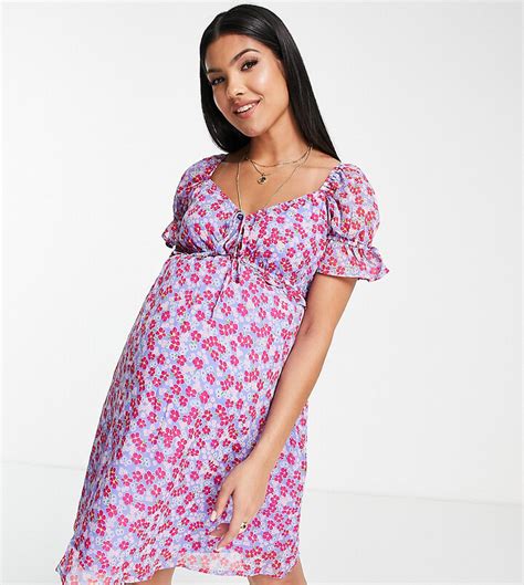 Wednesdays Girl Maternity Ruched Bust Mini Tea Dress In Purple Floral