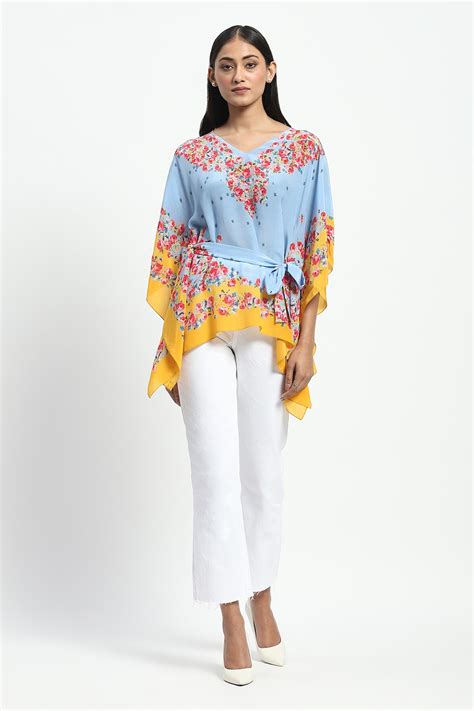 Buy Blue Crepe Printed Rose V Neck Grandma In Her S Kaftan With Belt