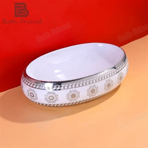 Gold Silver Wash Basin Vintage Egg Design Decals White Oval Sink Basin