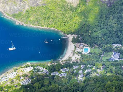 Caribbean, St. Lucia, aerial photo of Jalousie Resort at Jalousie Beach stock photo