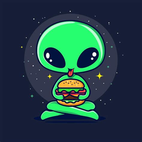 Alien Eating Burger Illustration With Tshirt Alien Comendo Burger