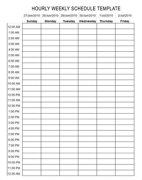 24 Hour Weekly Schedule Template Excel