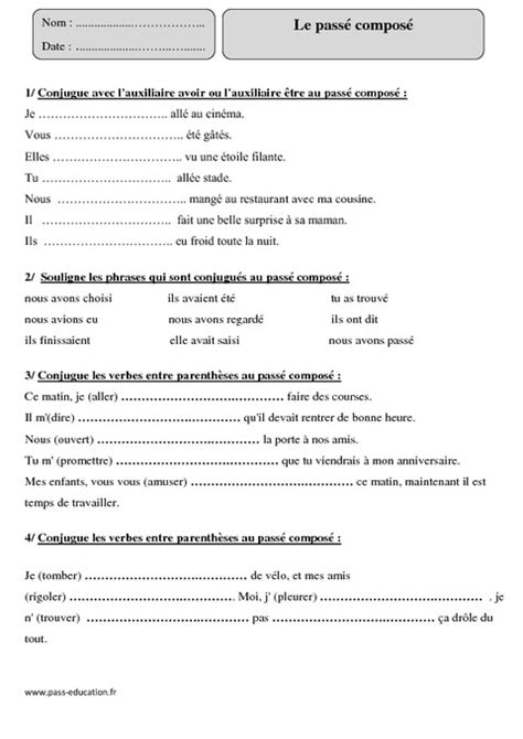 Exercice Le Passé Composé Exercices de conjugaison cm1 cycle 3 Le