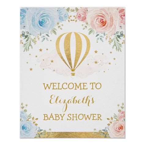 Blue Pink Hot Air Balloon Baby Shower Welcome Poster Zazzle Balloons Baby Shower Balloons