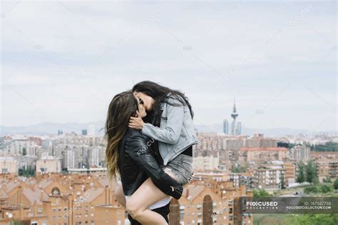 Passionate Lesbian Couple Kissing Gentle Outdoors Stock Photo 167532738