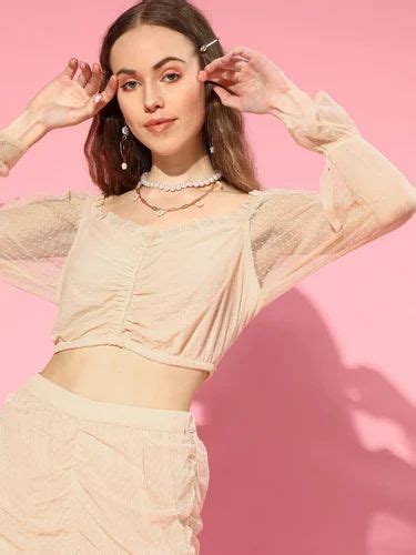 Women Nude Swiss Dot Mesh Ruched Crop Top At 624 00 Crop Top ID 2849144271588