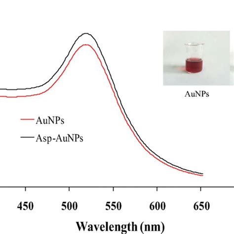 Uv Vis Spectra Of Aunps And Asp Aunps Inset Is The Photographs Of