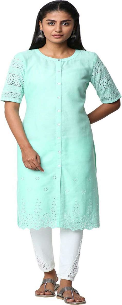 Buy Naari Women Light Green Embroidered Cotton Blend Straight Kurta S