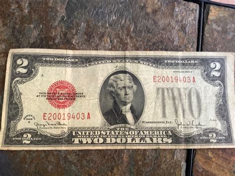 1928 G Red Seal 2 Dollar Bill Back Of Bill Not Centered The Side Is