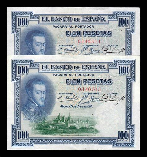 España Pareja 100 Pesetas Felipe II 1925 Pick 69a Sin serie Ebc Xf