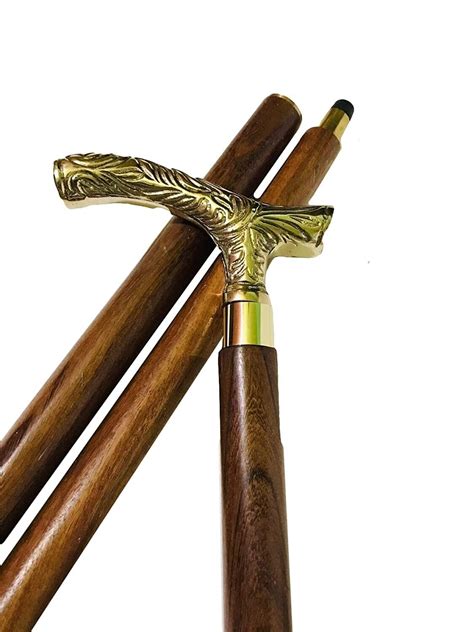 Antique Brass Victorian Head Handle Walking Cane Wood Gem