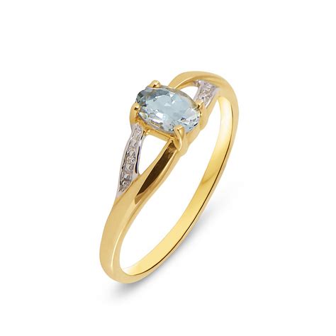 Bague Or Jaune Aigue Marine Ovale Et Diamant Ref