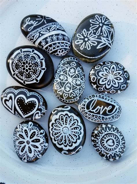 Black And White Painted Rocks Mandala Gift Black And White Etsy