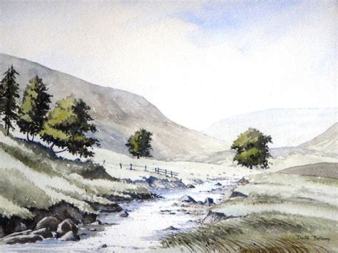 A Watercolor Painting Of A Stream In The Mountains