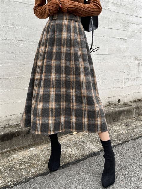 DAZY Plaid Print Pleated Detail Skirt SHEIN USA