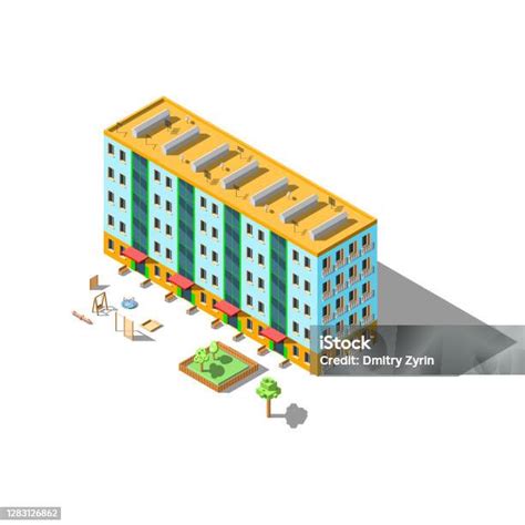 bangunan rumah apartemen isometrik   bangku pohon  gaya