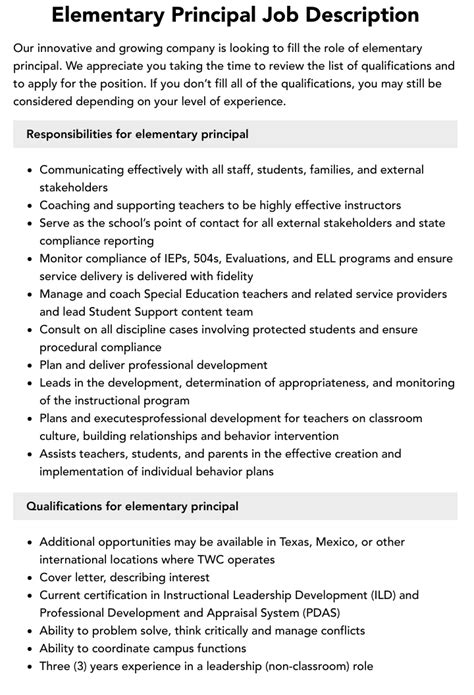 Elementary Principal Job Description | Velvet Jobs