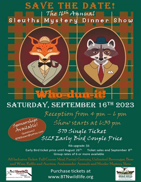 Sleuths Mystery Dinner Show | Saturday, September 7 at 4pm - Back to Nature Wildlife Refuge