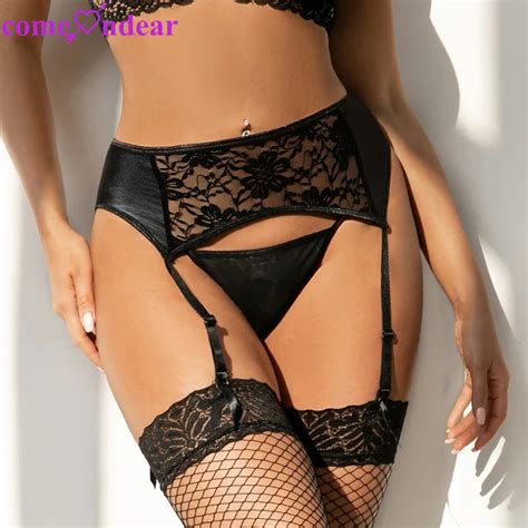 Comeondear Lingerie Ondergoed Plus Size Xl Xl Faux Lederen Kousenbanden Panty Zwart Kant