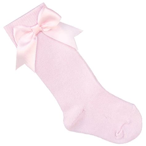 Girls Pink Knee Length Satin Bow Socks Christening Socks Flower Girl Socks