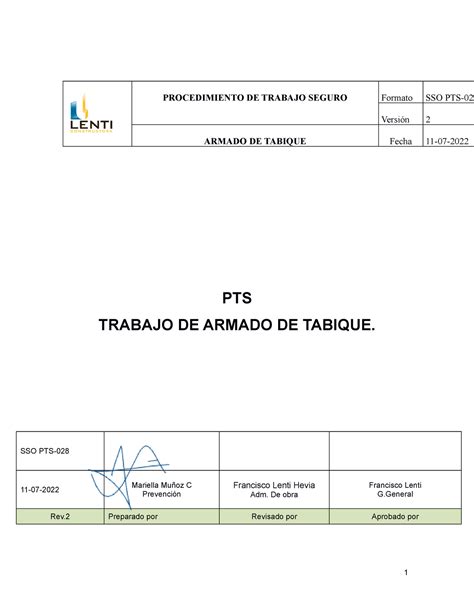 Sso Pts Procedimiento De Trabajo De Armado De Tabiques Versi N