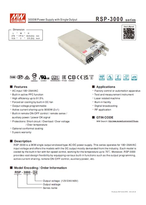 Meanwell RSP 3000 24 24V 125A Chassis Mount Power Supply