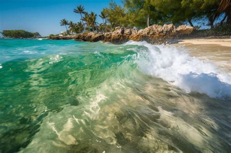 Una Ola Se Rompe En La Playa Frente A Una Isla Tropical Foto Premium