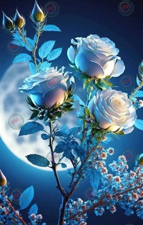 ArtStation - Very beautiful white roses in blue light with moon background.