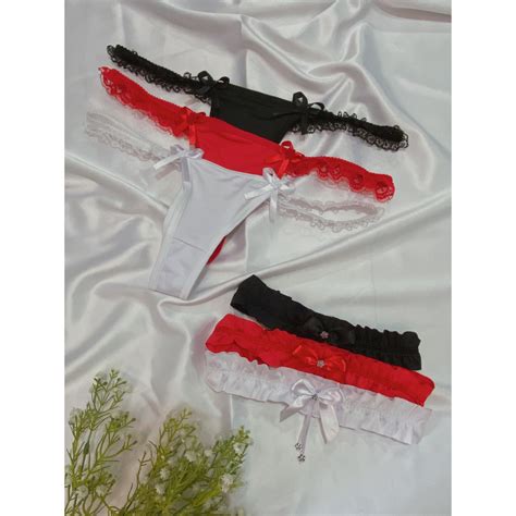 Melô Kit 3 Calcinhas Lingerie Fio Dental Lateral em Renda Elástica e Perneira Laço