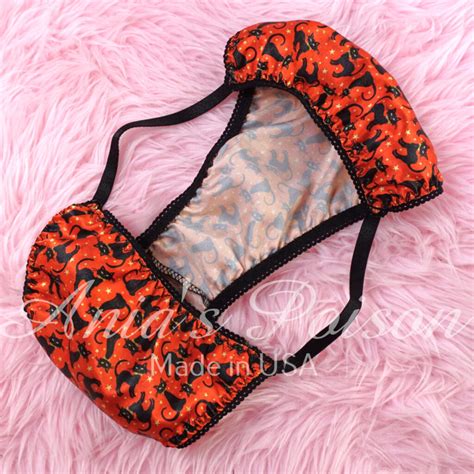 Cafe Cut Budget Friendly Mens Brazilian String Bikini Halloween Cats Orange Print Sissy Panties