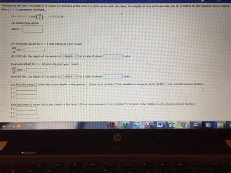 Solved Throughout the day, the depth D of water (in meters) | Chegg.com 