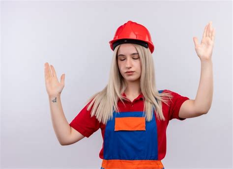 Jeune Fille Blonde Ing Nieur Constructeur En Uniforme Avec Les Mains