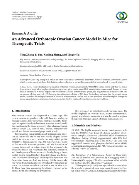 Pdf An Advanced Orthotopic Ovarian Cancer Model In Mice For