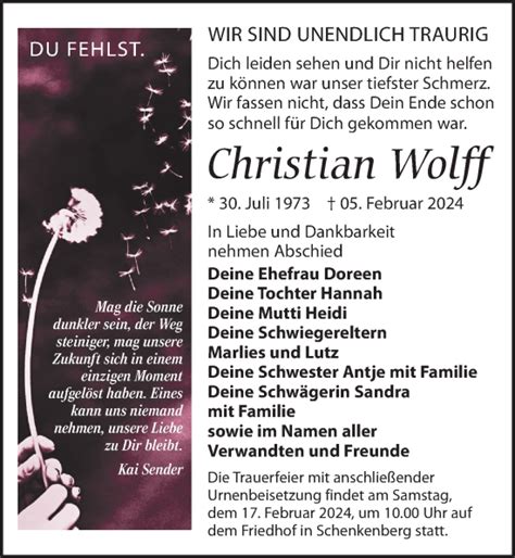 Traueranzeigen Von Christian Wolff Trauer Anzeigen De