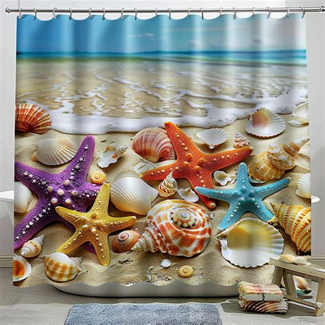 Seaside Serenity Beach Scene With Vibrant Starfish Shells On Sand