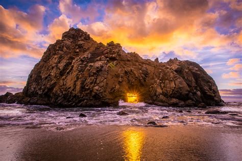 Big Sur California Ocean Beach Sea Cave Sunset Dusk Breaking