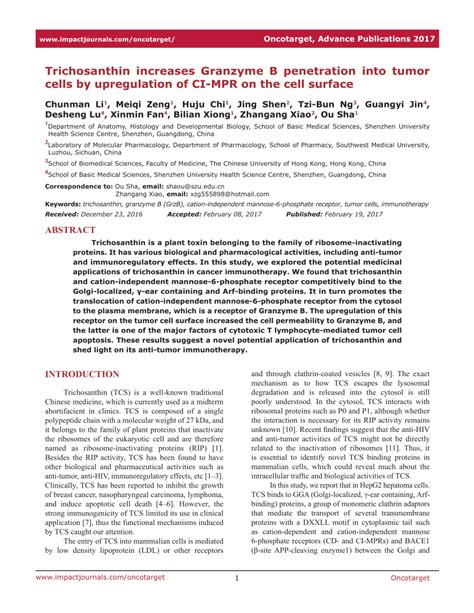 PDF Trichosanthin Increases Granzyme B Penetration Into Tumor Cells