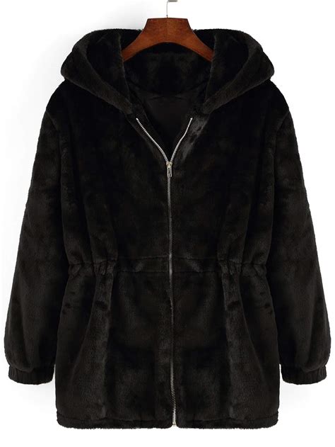 Hooded Zipper Loose Black CoatFor Women-romwe