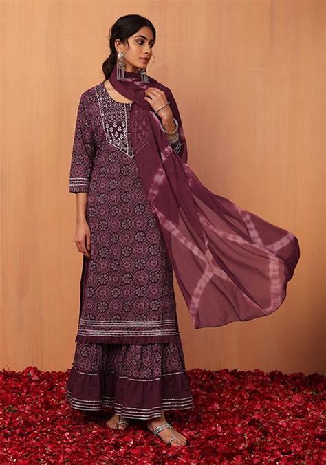 Buy Women Maroon Ajrakh Print Cotton Sharara With Kurta And Dupatta