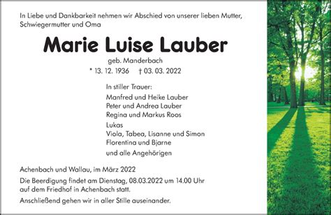 Traueranzeigen Von Marie Luise Lauber Vrm Trauer De