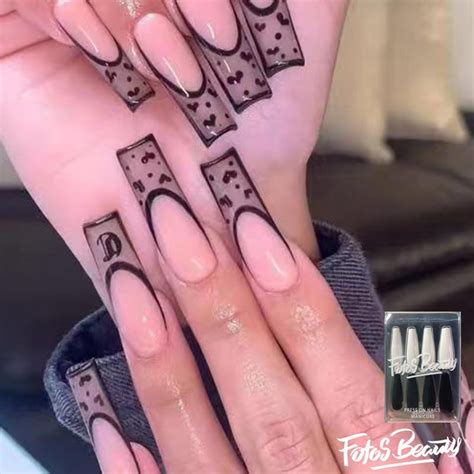 Fofosbeauty 24PCS Fake Press On Nails Coffin Long Fake Nails For Girls Women Black Lace Nude