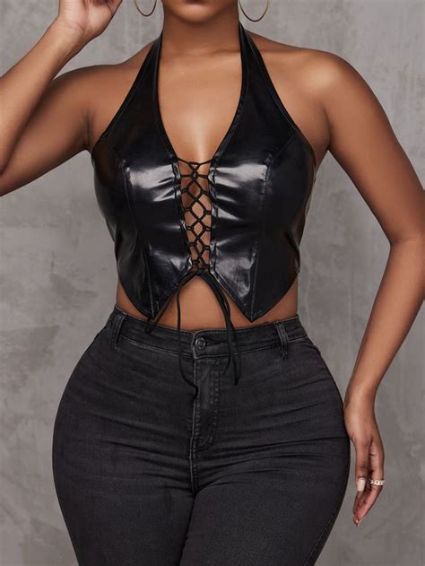 Shein Sxy Lace Up Pu Leather Crop Halter Top Leather Crop Top Womens