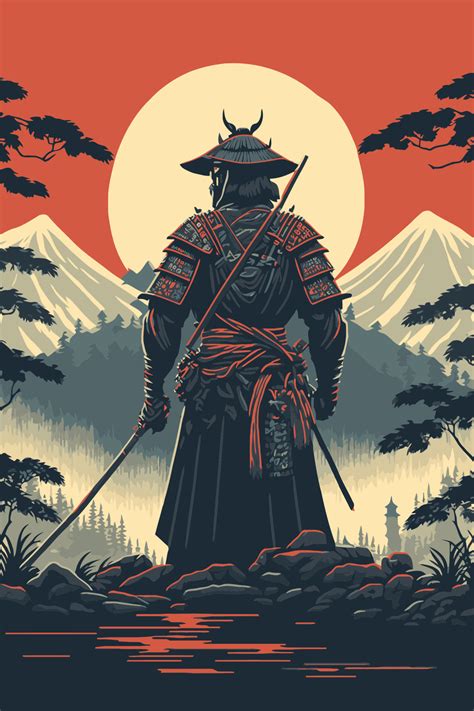 Silhouette of Japanese samurai warrior with sword standing on sunset ... 