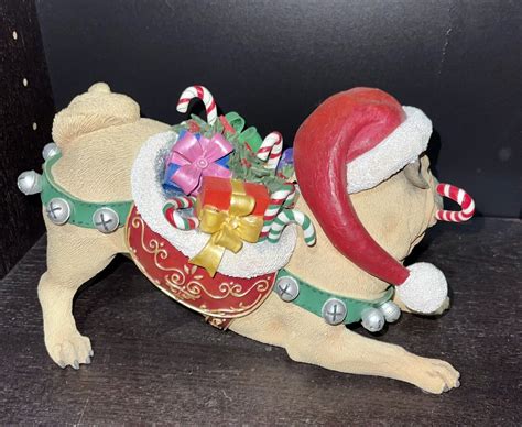 Danbury Mint Christmas Pug Dog Figurine Candy Cane Ts Bows Statue