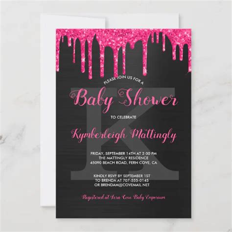 Black Glam Hot Pink Glitter Drips Fun Baby Shower Invitation Zazzle